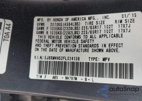 2015 Honda Cr-V Ex z USA, uszkodzony, nr VIN 5J6RM4H52FL034106